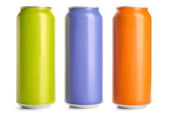 Different cans of fresh soda isolated on white background