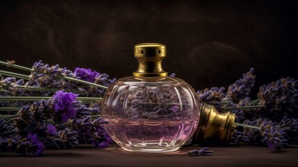 Obraz na płótnie Canvas Bottle of perfume with lavender flowers on wooden table, black background, Generative AI.