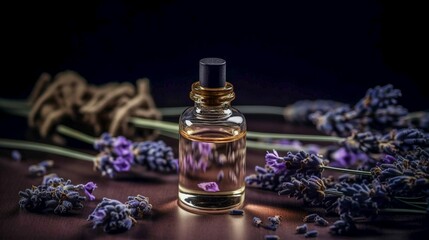 Obraz na płótnie Canvas Lavender oil in a glass bottle on a dark background, Generative AI.