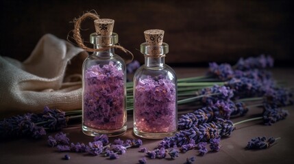 Obraz na płótnie Canvas Lavender bath salt and fresh lavender flowers on wooden background, Generative AI.