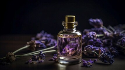 Obraz na płótnie Canvas Lavender oil in a glass bottle on a dark background, Generative AI.