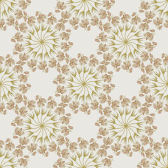 Seamless geometrical floral pattern with ornate round mandalas with branches of white campion flower. Silene latifolia.