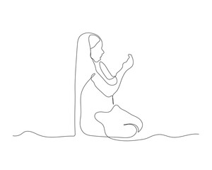 Muslim girl praying Continuous line drawing. hands joined together for a prayer line art vector. small girl praying line art. Muslim girl
