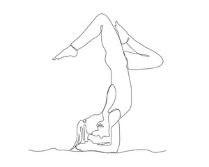 young woman working out Continuous line drawing. girl doing yoga and handstand pose. slim girl in yoga. Body care line art drawing