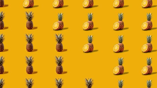 Stop motion Cut and whole Pineapple appear and disappear on pastel background. High quality video 4K. Detailed stop motion video. Background or wallpaper in food and drinks videos.