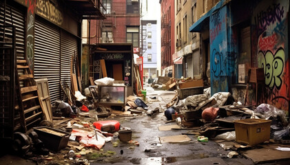 Garbage and piles of junk in city street, old damaged neighbourhood needs cleaning
