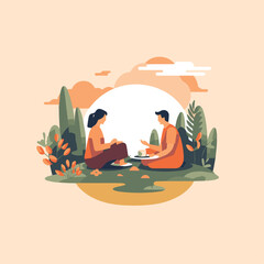 couple making picnic in nature