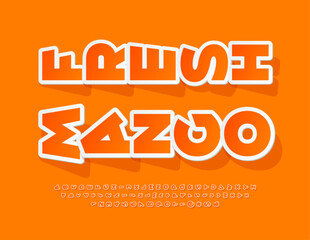 Vector advertising Poster Fresh Mango. Orange sticker Font. Creative rotated Alphabet Letters and Numbers set