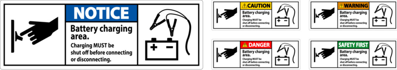 Obraz premium Danger Sign Battery Charging Area, Charging Must Be Shut Off Before Connecting or Disconnecting.