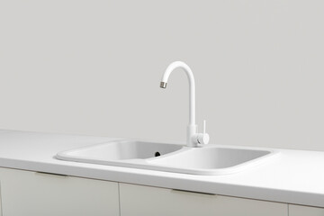 Fototapeta premium White sink with faucet in light kitchen