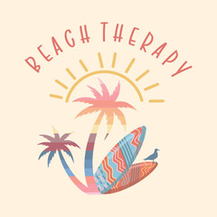 Fototapeta na wymiar Summer holiday vector illustration; retro summer vacation, surfing, beach, sunset, palm trees elements and symbols