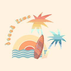 Fototapeta na wymiar Summer holiday vector illustration; retro summer vacation, surfing, beach, sunset, palm trees elements and symbols