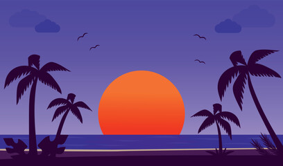 Fototapeta na wymiar Sunset on the beach. Vector illustration.