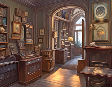 interior of an old-fashioned room crowded with old wooden furniture with pictures in frames on the walls and curios on shelves. generative ai illustration