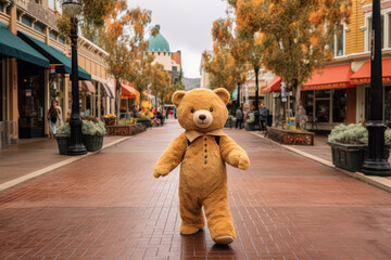 A teddy bear walking on the street