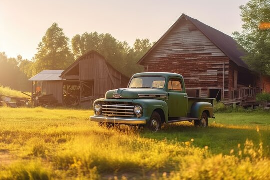 old abandoned pick-up truck on the field - Illustration created with generative ai