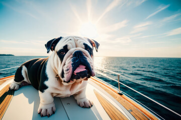 Digital photo of a cute English bulldog  at the luxury yacht on a sunny day. Wildlife imagery, the concept of ecological environment. Generative AI