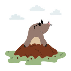 Cute cartoon mole come out of the hole. Vector illustration