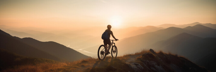 woman cyclist rider in mountain bike on mountain peak at sunset, banner, generative AI