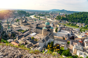 Obraz premium view from Hochensalzburg castle with a beautiful view of Salzburg Austria with many churches and towers