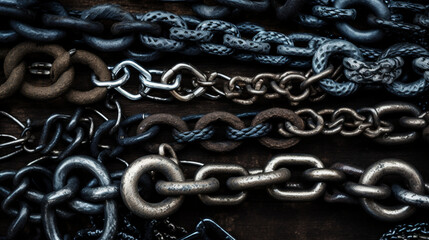 Flat lay of iron chains. IA generative.