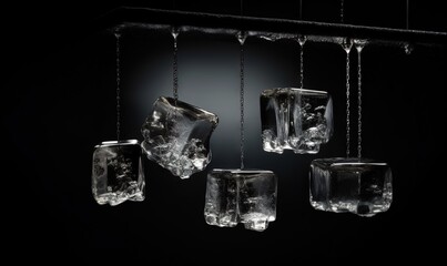  a group of ice cubes hanging from a black ceiling in a dark room with water dripping from the ceiling and hanging from the ceiling.  generative ai