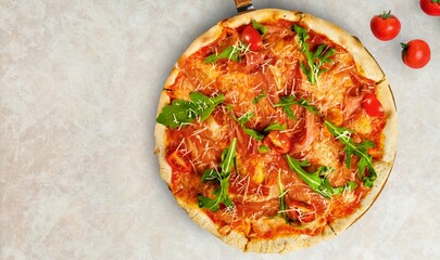 Tasty hot Pizza with cheese and fresh basil