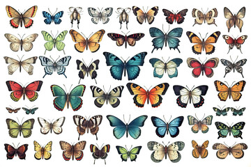 Colored butterflies of different types, on a white background.