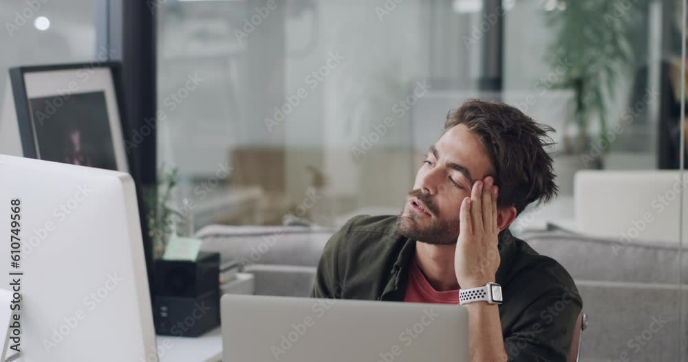 Poster Stress, computer and man with frustration in office doing research for startup business fail. Technology, crisis and professional male employee with pressure for working on deadline in the workplace.