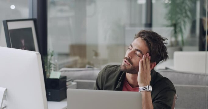 Stress, computer and man with frustration in office doing research for startup business fail. Technology, crisis and professional male employee with pressure for working on deadline in the workplace.