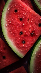 Fresh watermelon sliced with water drops. Summer fruit vertical background. Ai generated
