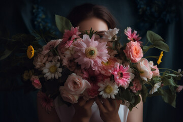 Beauty and nature concept. Woman hiding her face behind colorful and big flower bouquet. Generative AI