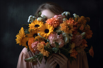 Beauty and nature concept. Woman hiding her face behind colorful and big flower bouquet. Generative AI