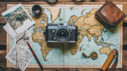 Flat lay of a world map a camera a notebook and a pencil. IA generative.