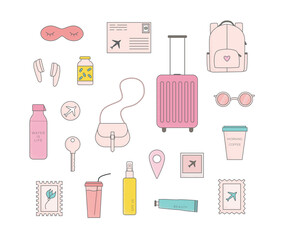 Set of cute pinky travel accessories for sticker, planner, scrapbooking. Girly vector illustrations