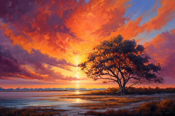 Naklejka na ściany i meble Summer sunset, oil painting style, generative ai 