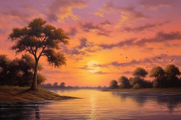Fototapeta na wymiar Summer sunset, oil painting style, generative ai 