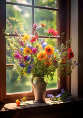vibrant bouquet of assorted wildflowers arranged in a rustic vase on a sunlit windowsill, generative ai
