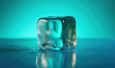  a square ice cube sitting on top of a blue table top next to a blue wall and a blue background with a light reflecting off the ice.  generative ai