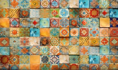 Fototapeta premium a wall made up of many different colored tile designs on it's sides and a blue sky in the back ground with a few clouds in the sky. generative ai