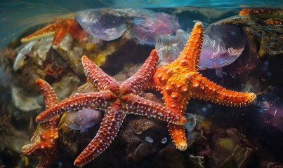  a group of starfishs swimming in the water near rocks and algae on the bottom of the ocean floor with bubbles in the water.  generative ai