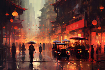 Crowded Asian city street in pouring rain as pedestrians walk holding umbrellas, Generative AI