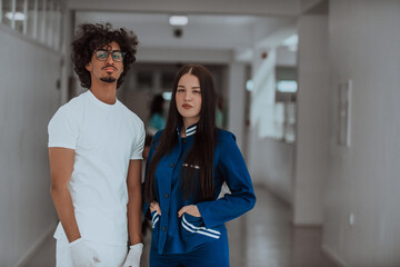 Fototapeta premium A young African-American doctor, accompanied by a nurse, stands together in the hallway of a modern hospital, exemplifying a diverse and dedicated healthcare team committed to collaboration