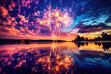 Fototapeta na wymiar a colorful firework in the sky over a body of water Generative AI