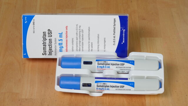 Sumatriptan 6 mg 0.5 ml Autoinjectors with packaging. Illustrative Editorial taken in Vista, CA USA on June 7, 2023.