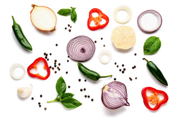 Composition with fresh onion, bell pepper and spices on white background