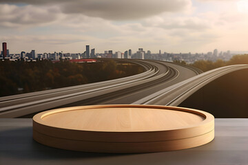 Wooden podium on the background of a road, highway, mockup, generative AI 1