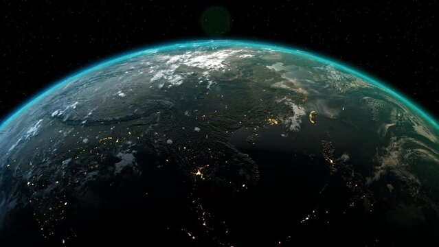 Globe Sunrise animation from space overlooking China, Hong kong, Taiwan, Philippines, India, Asia, Vietnam, Cambodia, Thailand, South China Sea