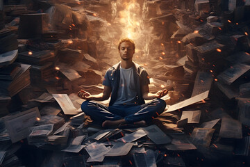Mind Over Matter: Person meditating amidst chaos, demonstrating the power of mindfulness and mental focus. Generative ai.