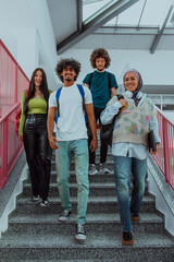 Obraz premium A modern group of students, including an Afro American student and a student wearing a hijab, walk together in the hallway of a modern university, reflecting diversity, inclusivity, and the pursuit of